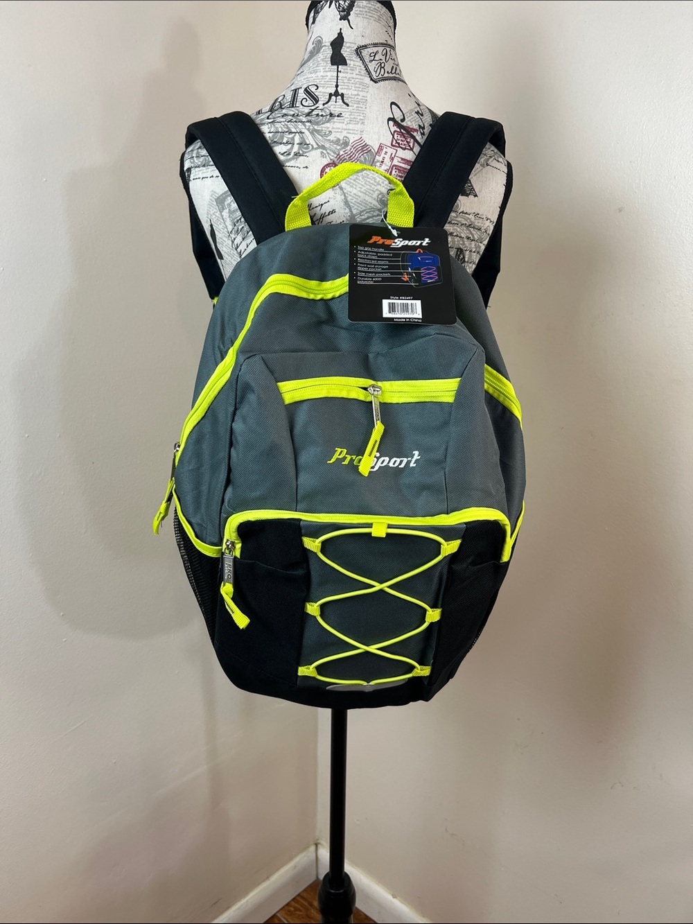ProSport B2497 Gray & Neon Yellow Backpack School Travel Daypack NWT